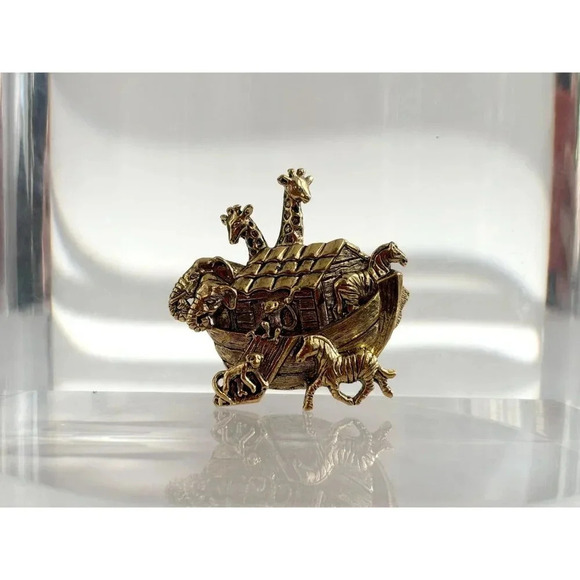 Noah's Ark Vintage Gold T Avon Brooch w/ Giraffes, Elephants, Zebras & Monkeys - Picture 8 of 10